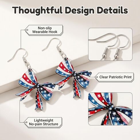 Handmade American Flag Bow Earrings for Women, Patriotic July 4th Fourth of July Star and Stripes Dangle Earrings, Lightweight Wood Independence Day Jewelry Gifts in Kuwait