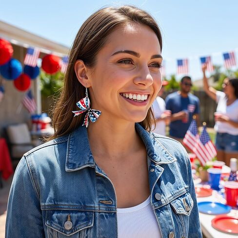 Handmade American Flag Bow Earrings for Women, Patriotic July 4th Fourth of July Star and Stripes Dangle Earrings, Lightweight Wood Independence Day Jewelry Gifts in Kuwait