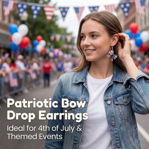 Handmade American Flag Bow Earrings for Women, Patriotic July 4th Fourth of July Star and Stripes Dangle Earrings, Lightweight Wood Independence Day Jewelry Gifts in Kuwait