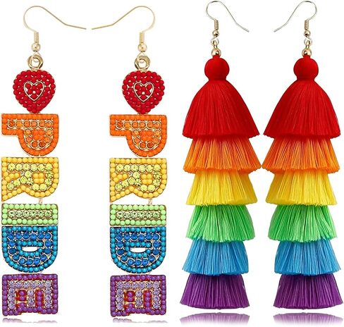 Rainbow Earrings for Women 2 Pairs Pride Earrings Colorful Layered Tassel Beaded LGBT Dangle Pride Outfits Accessories Bisexual Lesbian Gay Earring bi pride Month Jewelry Gifts in Saudi Arabia