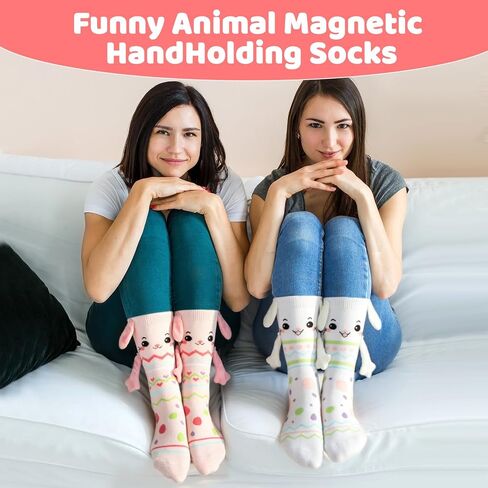 2 Pairs Magnetic Holding Hands Socks, Funny Hand in Hands Sock Bunny Couple Socks, Novelty Sock Gifts for Animal Lovers Men Women Teens Friends in Kuwait