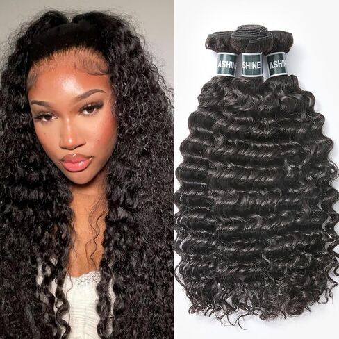 ASHINE Human Hair Bundles Deep Wave Unprocessed Cambodian Raw Hair 24 26 28 Inch, Flip Over Quick Weave Wet and Wave Bundles for Women Natural Black in Kuwait