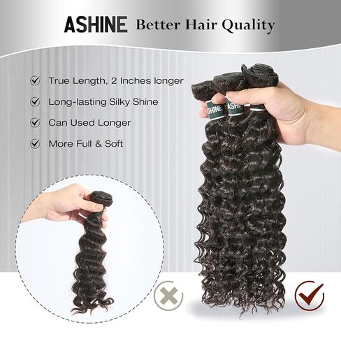 ASHINE Human Hair Bundles Deep Wave Unprocessed Cambodian Raw Hair 24 26 28 Inch, Flip Over Quick Weave Wet and Wave Bundles for Women Natural Black in Kuwait