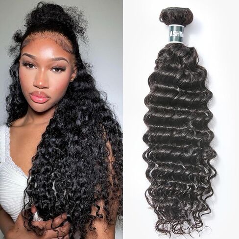 ASHINE Human Hair Bundles Deep Wave Unprocessed Cambodian Raw Hair 24 26 28 Inch, Flip Over Quick Weave Wet and Wave Bundles for Women Natural Black in Saudi Arabia