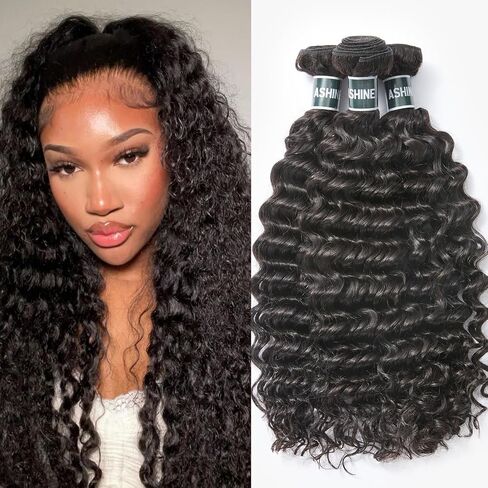 ASHINE Human Hair Bundles Deep Wave Unprocessed Cambodian Raw Hair 24 26 28 Inch, Flip Over Quick Weave Wet and Wave Bundles for Women Natural Black in Kuwait