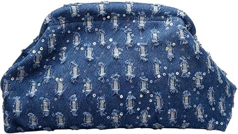 ENBEI Women's Denim Clutch Purse,Blue Sparkly Sequin Party Evening Bag with Metal Frame Closure, Soft Denim Handbag, Ideal Gift for Women for Wedding, Cocktail Party & Daily Use in Saudi Arabia