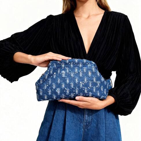 ENBEI Women's Denim Clutch Purse,Blue Sparkly Sequin Party Evening Bag with Metal Frame Closure, Soft Denim Handbag, Ideal Gift for Women for Wedding, Cocktail Party & Daily Use in Saudi Arabia