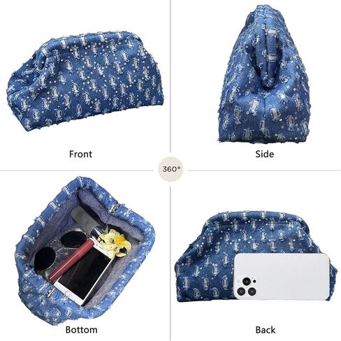ENBEI Women's Denim Clutch Purse,Blue Sparkly Sequin Party Evening Bag with Metal Frame Closure, Soft Denim Handbag, Ideal Gift for Women for Wedding, Cocktail Party & Daily Use in Saudi Arabia