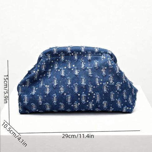 ENBEI Women's Denim Clutch Purse,Blue Sparkly Sequin Party Evening Bag with Metal Frame Closure, Soft Denim Handbag, Ideal Gift for Women for Wedding, Cocktail Party & Daily Use in Saudi Arabia