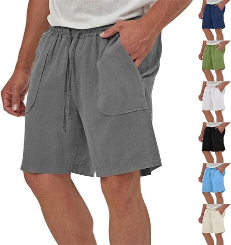 Mens Summer Linen Shorts Dressy Casual 7 Inch Elastic Waist Drawstring Beach Cotton Shorts with Pockets in Saudi Arabia