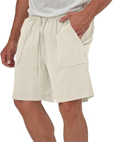 Mens Summer Linen Shorts Dressy Casual 7 Inch Elastic Waist Drawstring Beach Cotton Shorts with Pockets in Kuwait