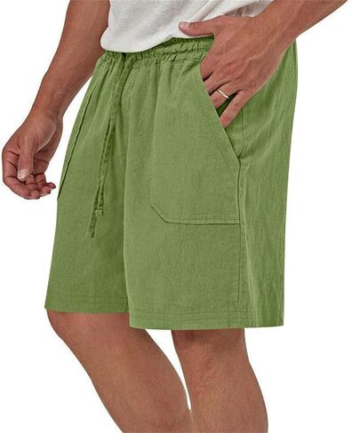Mens Summer Linen Shorts Dressy Casual 7 Inch Elastic Waist Drawstring Beach Cotton Shorts with Pockets in Kuwait
