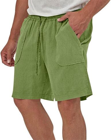 Mens Summer Linen Shorts Dressy Casual 7 Inch Elastic Waist Drawstring Beach Cotton Shorts with Pockets in Kuwait