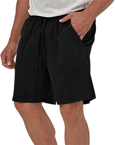 Mens Summer Linen Shorts Dressy Casual 7 Inch Elastic Waist Drawstring Beach Cotton Shorts with Pockets in Kuwait