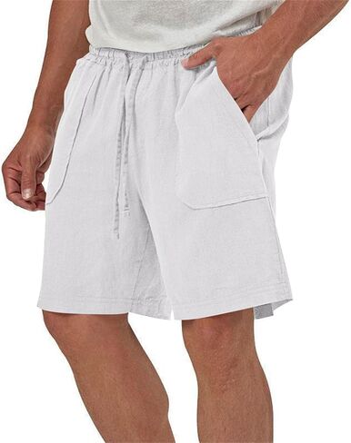 Mens Summer Linen Shorts Dressy Casual 7 Inch Elastic Waist Drawstring Beach Cotton Shorts with Pockets in Kuwait