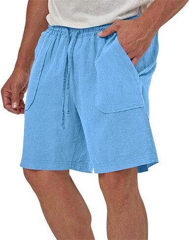 Mens Summer Linen Shorts Dressy Casual 7 Inch Elastic Waist Drawstring Beach Cotton Shorts with Pockets in Kuwait