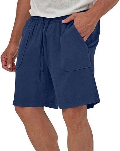 Mens Summer Linen Shorts Dressy Casual 7 Inch Elastic Waist Drawstring Beach Cotton Shorts with Pockets in Kuwait
