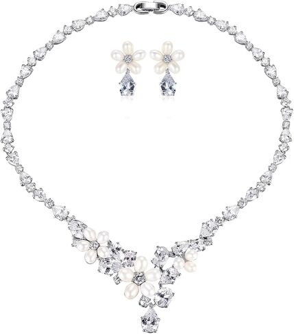 14K Gold & Freshwater Pearl Jewelry Set, Natural Crystal Necklace & Pearl Dangle Earrings, Luxury Bridal/Wedding Fashion Accessory in Kuwait