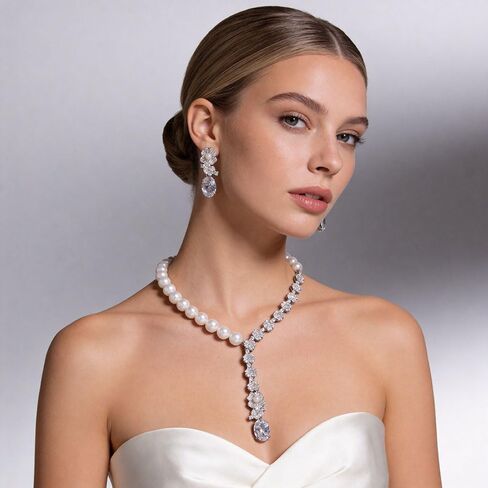 14K Gold & Freshwater Pearl Jewelry Set, Natural Crystal Necklace & Pearl Dangle Earrings, Luxury Bridal/Wedding Fashion Accessory in Kuwait