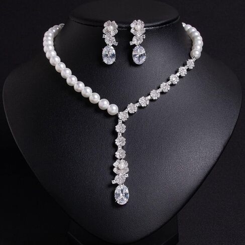 14K Gold & Freshwater Pearl Jewelry Set, Natural Crystal Necklace & Pearl Dangle Earrings, Luxury Bridal/Wedding Fashion Accessory in Kuwait