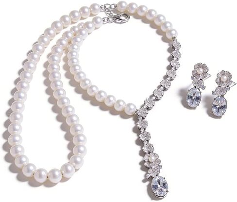 14K Gold & Freshwater Pearl Jewelry Set, Natural Crystal Necklace & Pearl Dangle Earrings, Luxury Bridal/Wedding Fashion Accessory in Kuwait