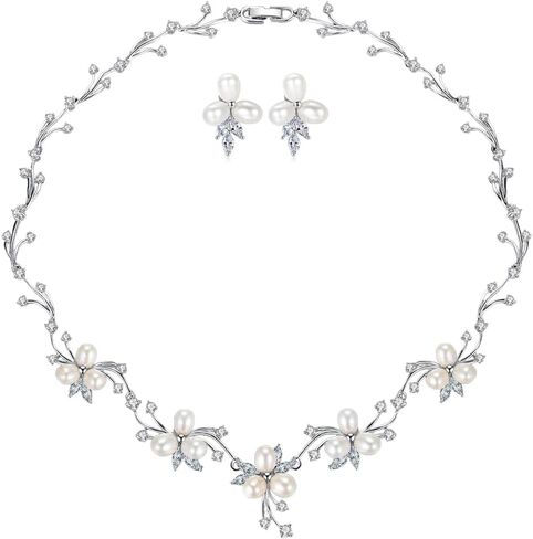 14K Gold & Freshwater Pearl Jewelry Set, Natural Crystal Necklace & Pearl Dangle Earrings, Luxury Bridal/Wedding Fashion Accessory in Kuwait