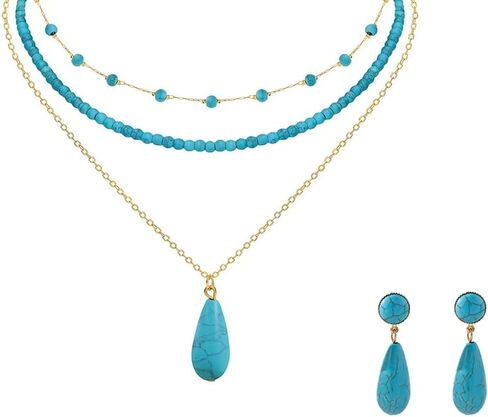 Turquoise Necklace Earring for Women 14K Gold Plated Turquoise Beaded Choker Necklaces Western Boho Jewelry Set in Saudi Arabia