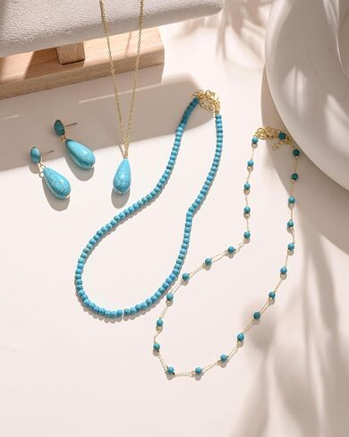 Turquoise Necklace Earring for Women 14K Gold Plated Turquoise Beaded Choker Necklaces Western Boho Jewelry Set in Saudi Arabia