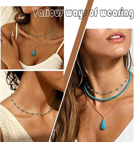 Turquoise Necklace Earring for Women 14K Gold Plated Turquoise Beaded Choker Necklaces Western Boho Jewelry Set in Saudi Arabia