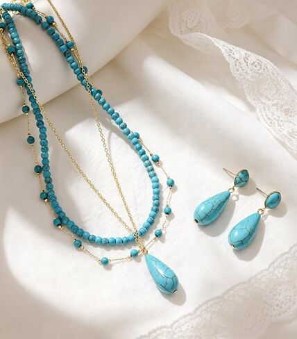 Turquoise Necklace Earring for Women 14K Gold Plated Turquoise Beaded Choker Necklaces Western Boho Jewelry Set in Saudi Arabia