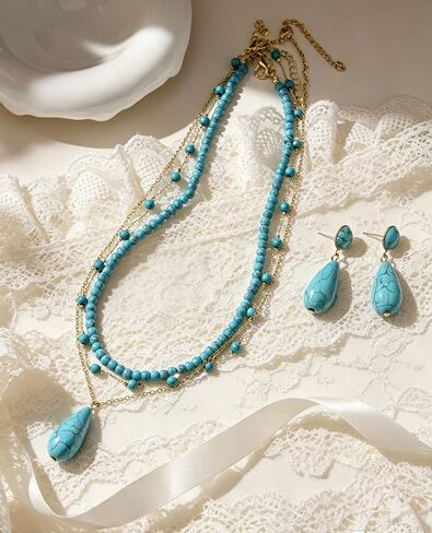 Turquoise Necklace Earring for Women 14K Gold Plated Turquoise Beaded Choker Necklaces Western Boho Jewelry Set in Saudi Arabia