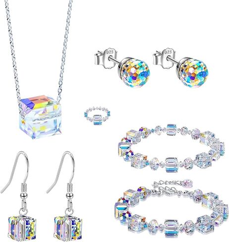 Aurora Borealis Crystals Jewelry Set for Women,Cube Earrings Necklace Bracelet,8MM Ball Earrings Iridescent Disco,Cube Dangle Drop Earrings,Sparkly Aurora Bracelet,Mother's Day Fashion Jewelry Gifts in Saudi Arabia