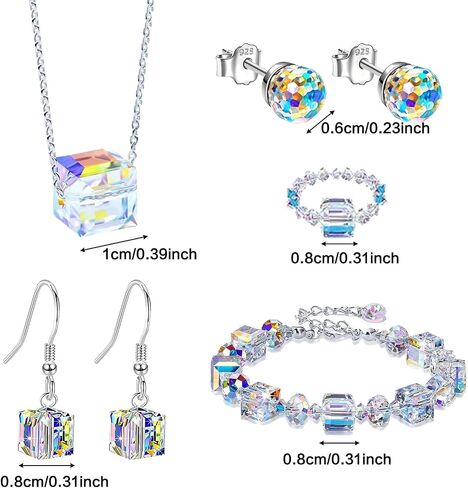Aurora Borealis Crystals Jewelry Set for Women,Cube Earrings Necklace Bracelet,8MM Ball Earrings Iridescent Disco,Cube Dangle Drop Earrings,Sparkly Aurora Bracelet,Mother's Day Fashion Jewelry Gifts in Saudi Arabia