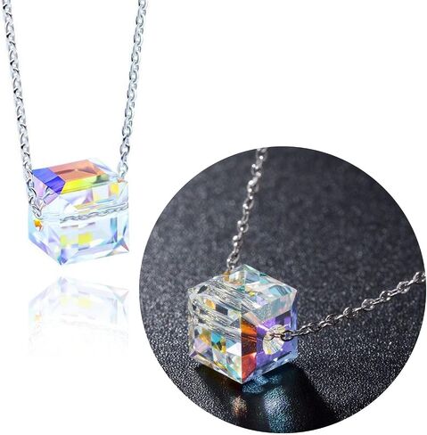 Aurora Borealis Crystals Jewelry Set for Women,Cube Earrings Necklace Bracelet,8MM Ball Earrings Iridescent Disco,Cube Dangle Drop Earrings,Sparkly Aurora Bracelet,Mother's Day Fashion Jewelry Gifts in Saudi Arabia