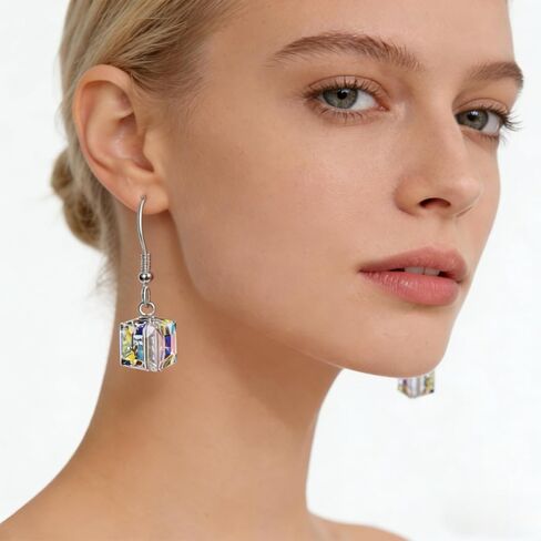 Aurora Borealis Crystals Jewelry Set for Women,Cube Earrings Necklace Bracelet,8MM Ball Earrings Iridescent Disco,Cube Dangle Drop Earrings,Sparkly Aurora Bracelet,Mother's Day Fashion Jewelry Gifts in Saudi Arabia