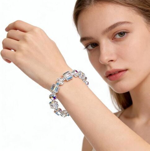 Aurora Borealis Crystals Jewelry Set for Women,Cube Earrings Necklace Bracelet,8MM Ball Earrings Iridescent Disco,Cube Dangle Drop Earrings,Sparkly Aurora Bracelet,Mother's Day Fashion Jewelry Gifts in Saudi Arabia