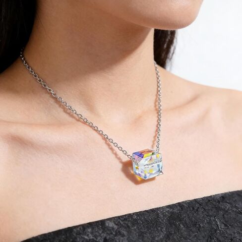 Aurora Borealis Crystals Jewelry Set for Women,Cube Earrings Necklace Bracelet,8MM Ball Earrings Iridescent Disco,Cube Dangle Drop Earrings,Sparkly Aurora Bracelet,Mother's Day Fashion Jewelry Gifts in Saudi Arabia