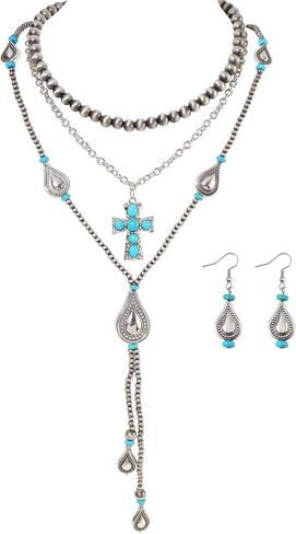 Coiris Western Jewelry Set for Women 3-Layered Navajo Pearl Necklace with Cross and Teardrop Pendants Matching Earrings Stackable Boho Country Concert Accessories in Kuwait
