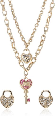 Juicy Couture Heart Lock and Key Layered Necklace and Stud Earrings Set for Women, Gold-Tone with Clear or Pink Crystals in Kuwait