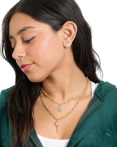 Juicy Couture Heart Lock and Key Layered Necklace and Stud Earrings Set for Women, Gold-Tone with Clear or Pink Crystals in Kuwait