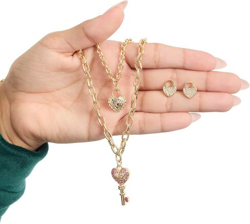 Juicy Couture Heart Lock and Key Layered Necklace and Stud Earrings Set for Women, Gold-Tone with Clear or Pink Crystals in Kuwait