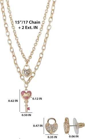 Juicy Couture Heart Lock and Key Layered Necklace and Stud Earrings Set for Women, Gold-Tone with Clear or Pink Crystals in Kuwait