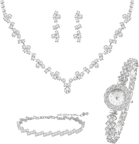 NEWITIN 5 Pieces Crystal Silver Jewelry Set for Women Watch Necklace Bracelet Earrings Bling Cubic Zirconia Wedding Jewelry Sets for Brides Bridesmaid Prom Costume Accessories in Kuwait