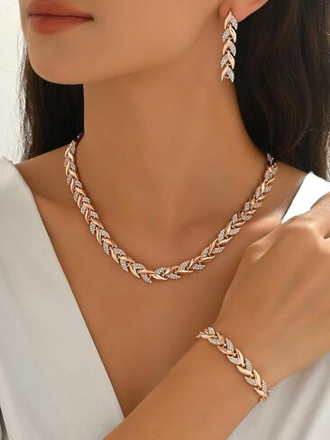 Rhinestone Jewelry Set for Women Crystal Leaf Necklace Earrings Bracelet Wedding Prom Party Accessories Gift in Kuwait
