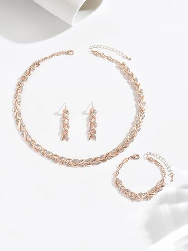Rhinestone Jewelry Set for Women Crystal Leaf Necklace Earrings Bracelet Wedding Prom Party Accessories Gift in Kuwait