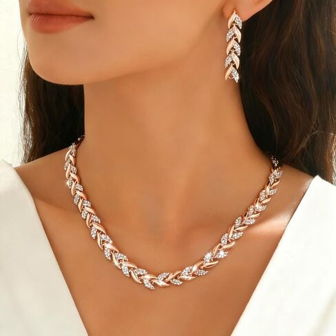 Rhinestone Jewelry Set for Women Crystal Leaf Necklace Earrings Bracelet Wedding Prom Party Accessories Gift in Kuwait