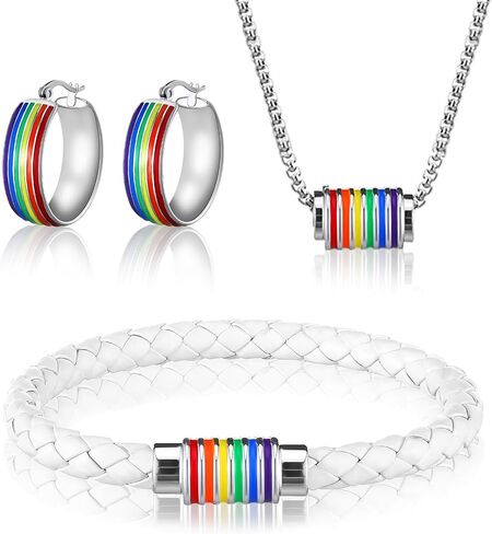 Quelay 3 Pcs Gay Pride LGBT Jewelry Sets for Women LGBT Rainbow Leather Bracelet Necklace Rainbow Hoop Earrings Bisexual Stuff LGBTQ Jewelry Lesbian Stuff Gifts in Kuwait