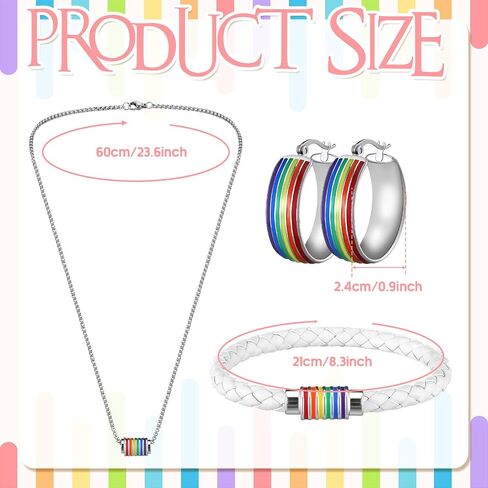 Quelay 3 Pcs Gay Pride LGBT Jewelry Sets for Women LGBT Rainbow Leather Bracelet Necklace Rainbow Hoop Earrings Bisexual Stuff LGBTQ Jewelry Lesbian Stuff Gifts in Kuwait