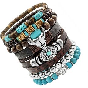 8-Pack Western Turquoise Beaded Bracelet Set for Women, Chic Stackable Boho Cowgirl Bracelets Jewelry with Ox-Head Charm for Country Concerts, Rodeo and Casual Western Outfits in Saudi Arabia