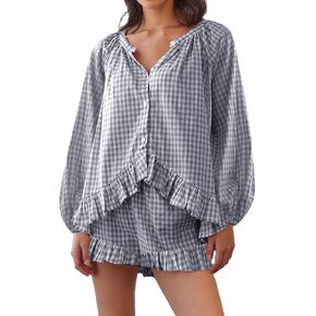 ROAONOCOMO Women Ruffle Pajama Set Long Puff Sleeve Babydoll Shirt Lace Trim Coquette Shorts Set Gingham 2 Piece Pj Outfit in Saudi Arabia